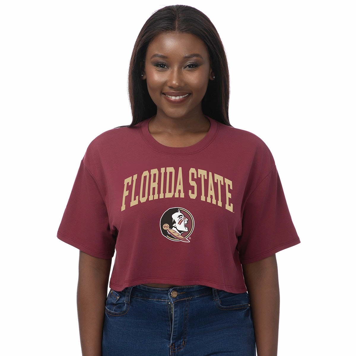 ZooZatz Women's Florida State/Seminole Logo Short Sleeve Boxy Crop Tri-blend T-shirt - Garnet Snag Resistant Surface TaglessDesign
