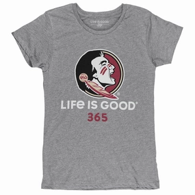 Blue 84 Women's Seminole Logo Life is Good 365 Design Short Sleeve T-shirt - Heather Grey Organic Cotton Construction