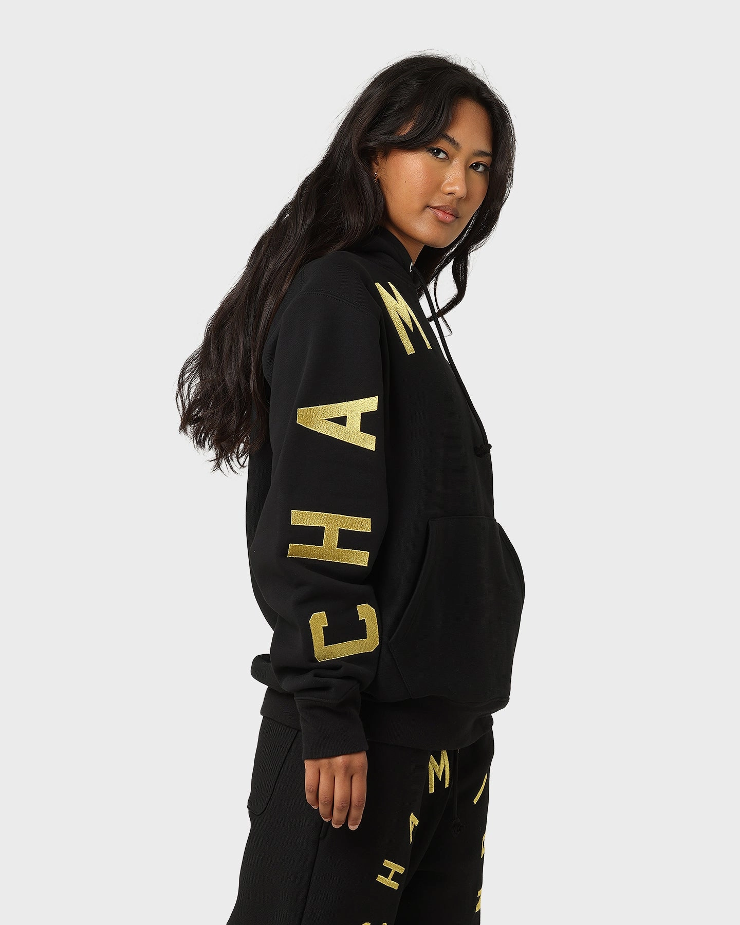 Stylish Champion Reverse Weave Large Arch Hoodie Black/Gold