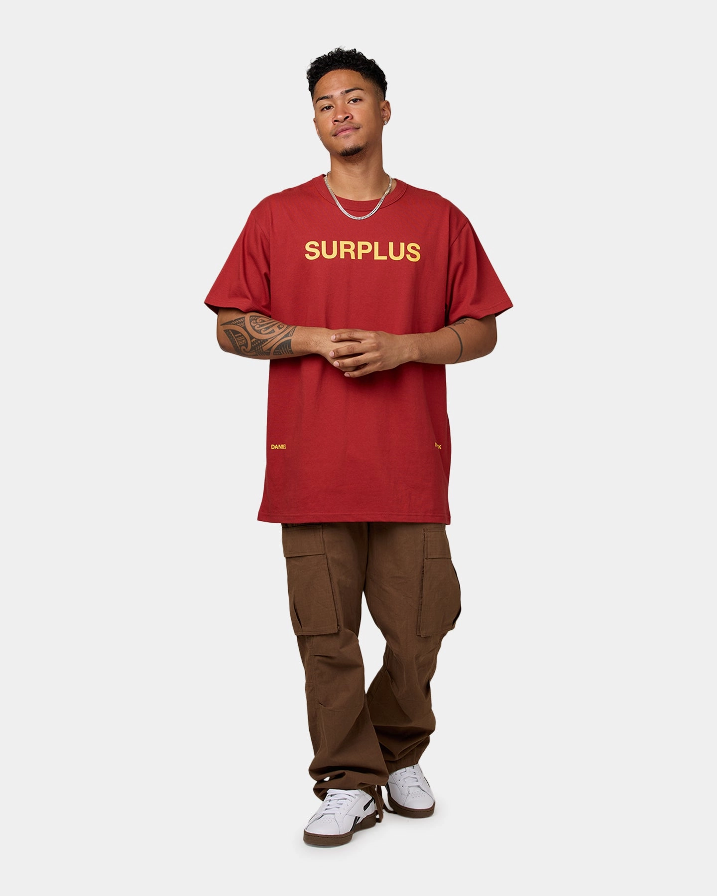 Daniel Patrick Surplus Logo T-Shirt Maroon/Yellow Simple Chic Micro Perforated Fabric