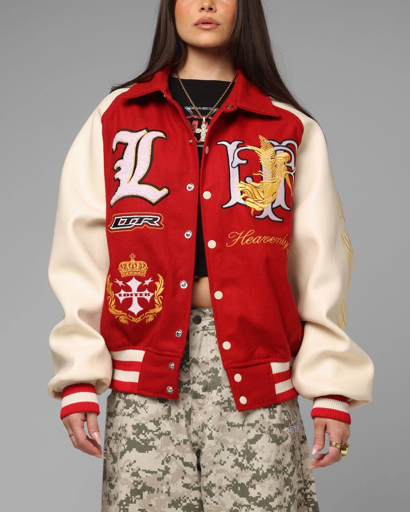 Hiking Gear Winter Shield Loiter Heaven Varsity Jacket Red/Off White