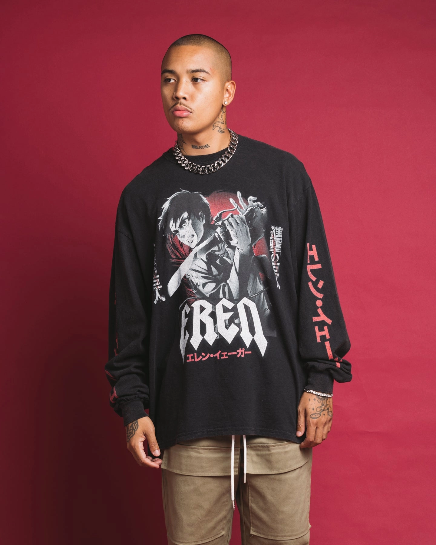 Goat Crew X Attack On Titan Eren Long Sleeve Vintage T-Shirt Black Wash No Slip Shoulder Design Chic and Cozy Wear