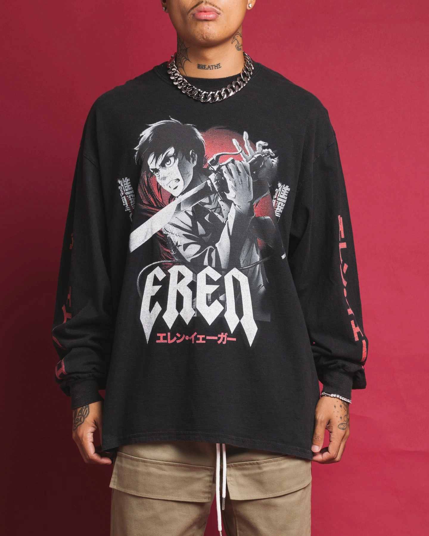 Comfort Fit Relaxed and Easy Goat Crew X Attack On Titan Eren Long Sleeve Vintage T-Shirt Black Wash