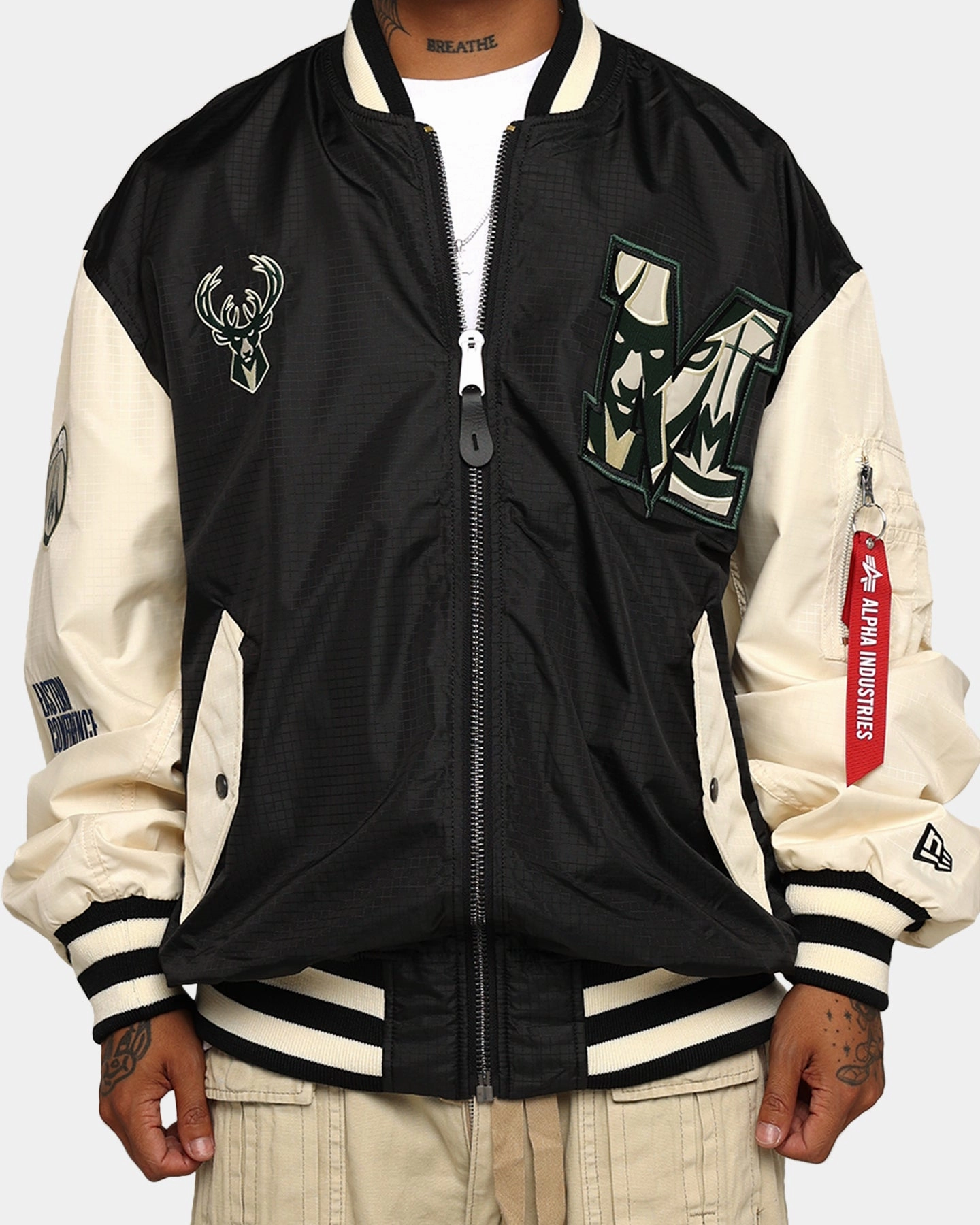 Rugged Comfort New Era X Alpha Industries Milwaukee Bucks L-2B Bomber Jacket Black