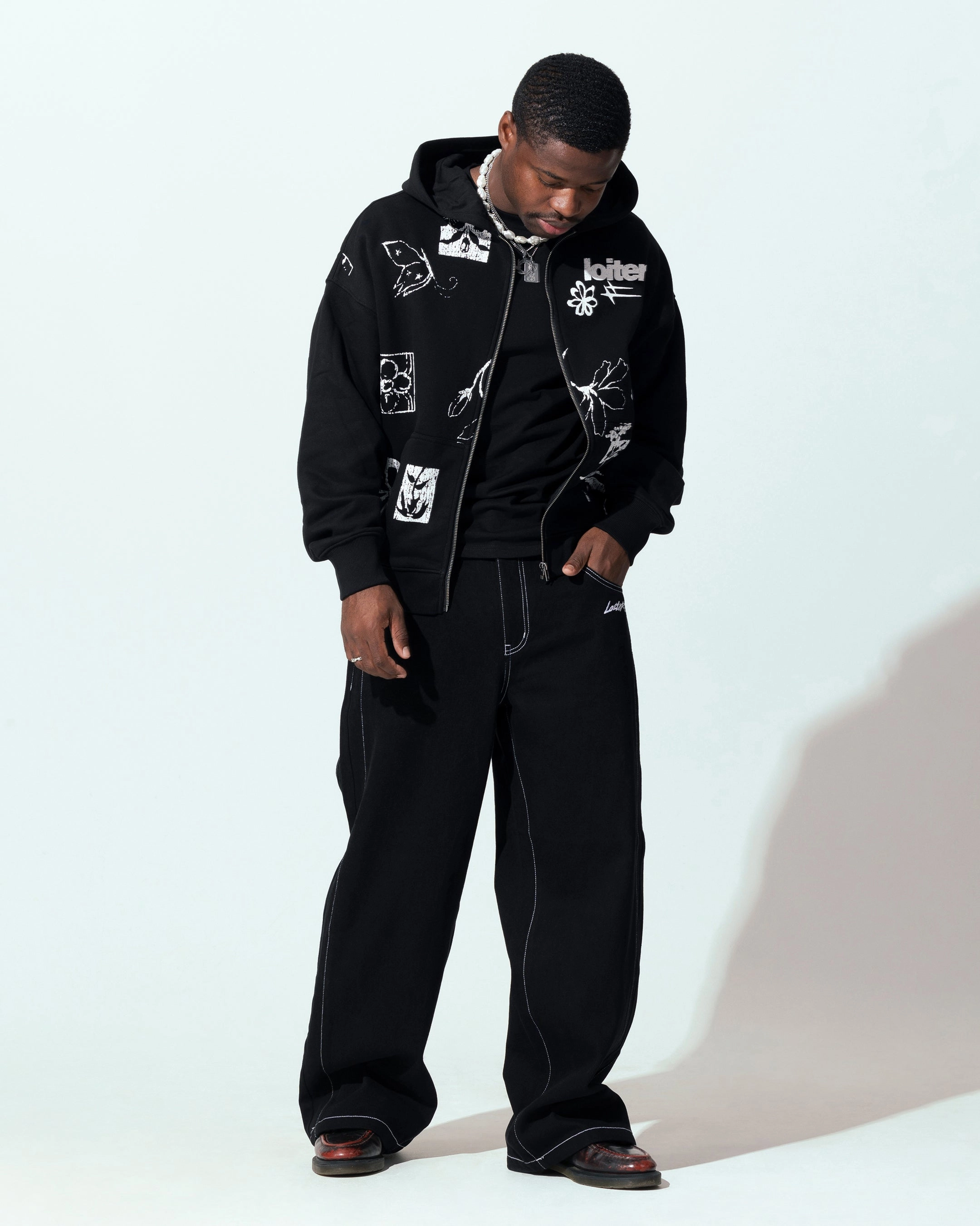 Loiter Flower Bed Zip Hoodie Black Thermal Reflective Lining waist length