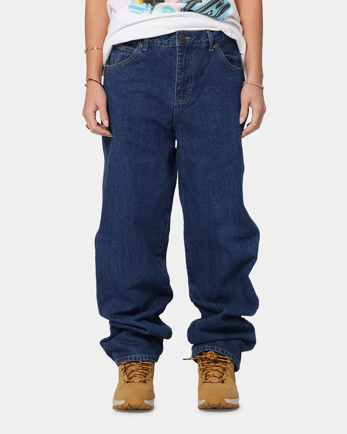 Stretch Holiday Vibes Streetwear Fan Minimalist Styling Dickies Relaxed Straight Denim Jeans Stone Washed Indigo