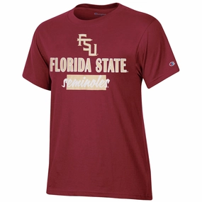 Casual Comfort Fit Champion Women's Stacked FSU/Florida State Seminoles Glitter Design Short Sleeve T-shirt - Garnet