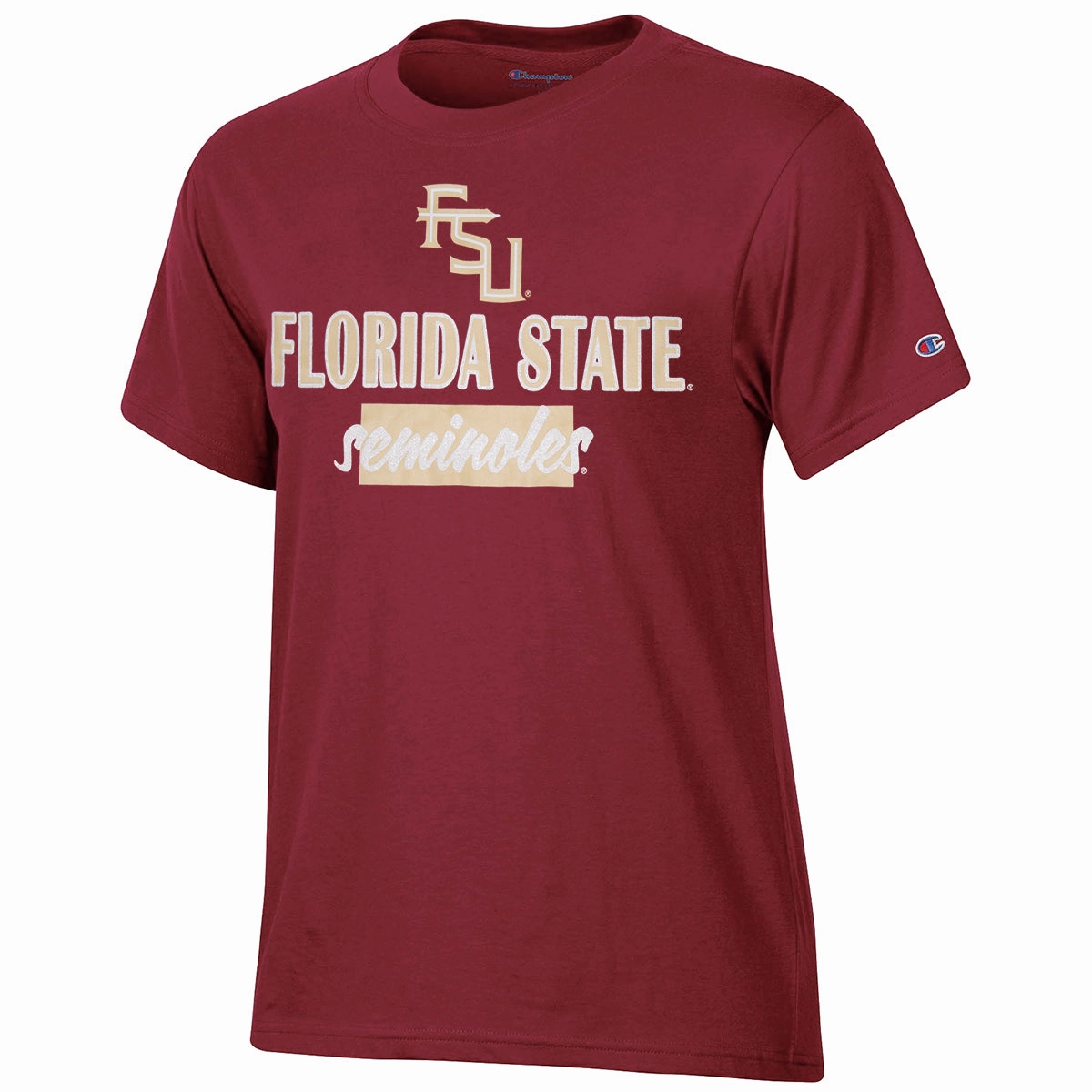 Recycled Polyester Thread Champion Women's Stacked FSU/Florida State Seminoles Glitter Design Short Sleeve T-shirt - Garnet