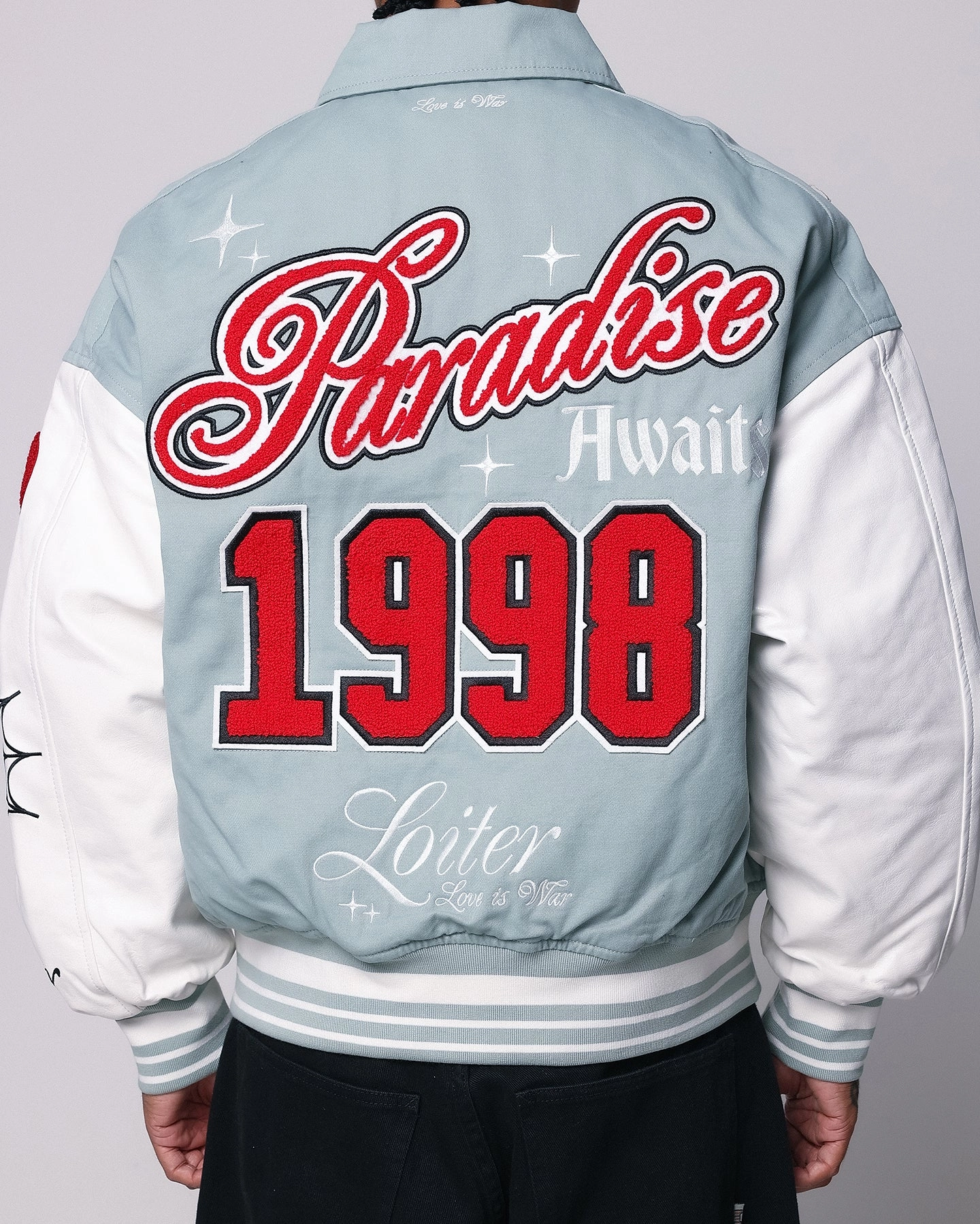 Thermal Reflective Lining Lightweight Construction Loiter Paradise Varsity Jacket Light Blue