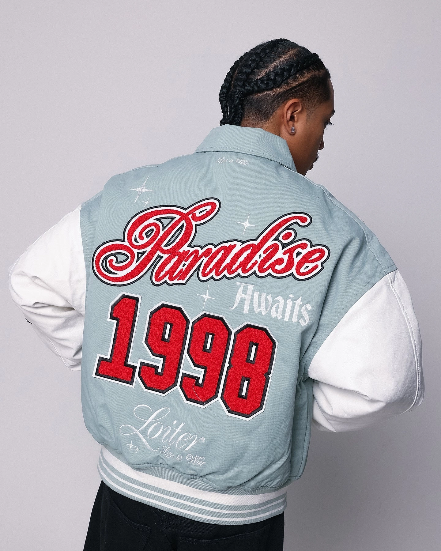 Double Layered Edges Loiter Paradise Varsity Jacket Light Blue