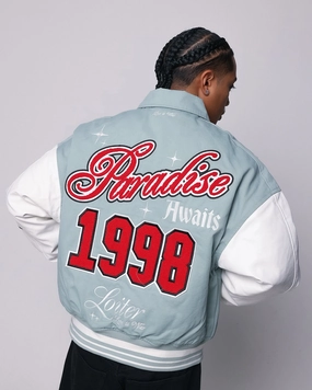 Double Layered Edges Loiter Paradise Varsity Jacket Light Blue