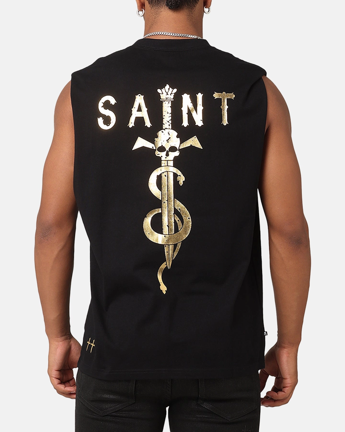 Saint Morta Daggers Oversized Muscle T-Shirt Black/Gold Embroidered Details Cross Grain Knit