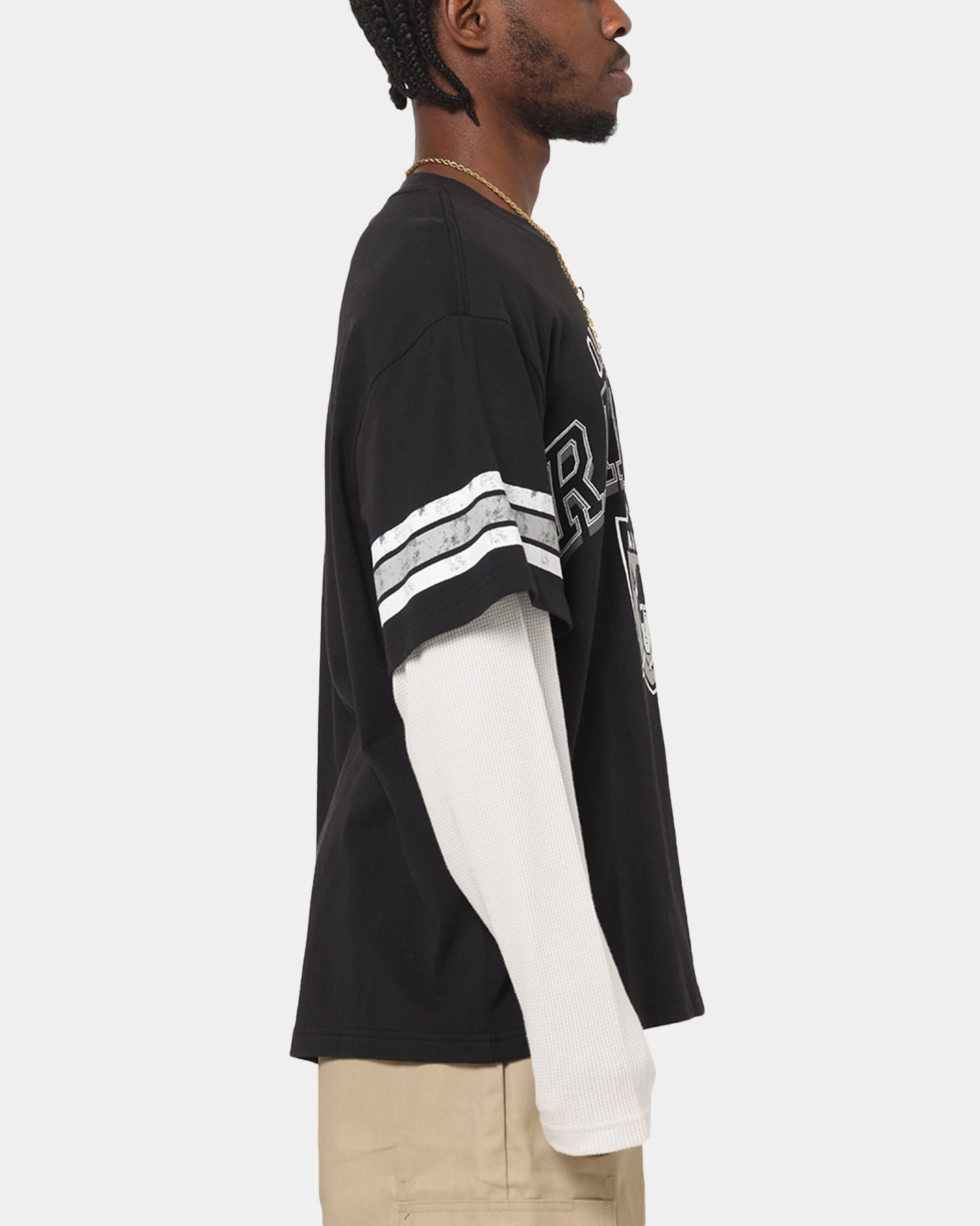 Mitchell & Ness Oakland Raiders Waffle Mock Layer Long Sleeve T-Shirt Black Holiday Outfit Crew neck classic