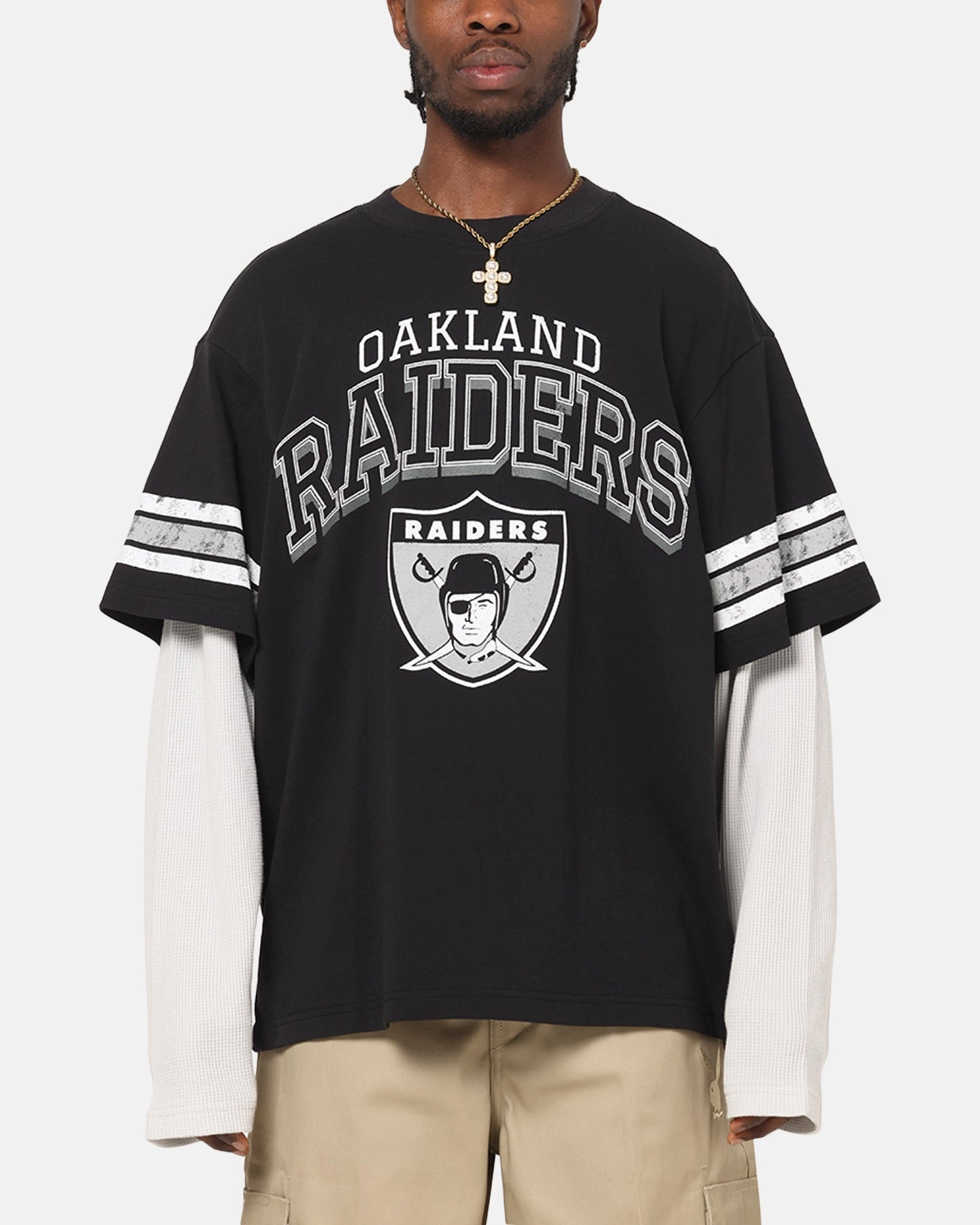 Mitchell & Ness Oakland Raiders Waffle Mock Layer Long Sleeve T-Shirt Black Fun and Relaxed Simple Look