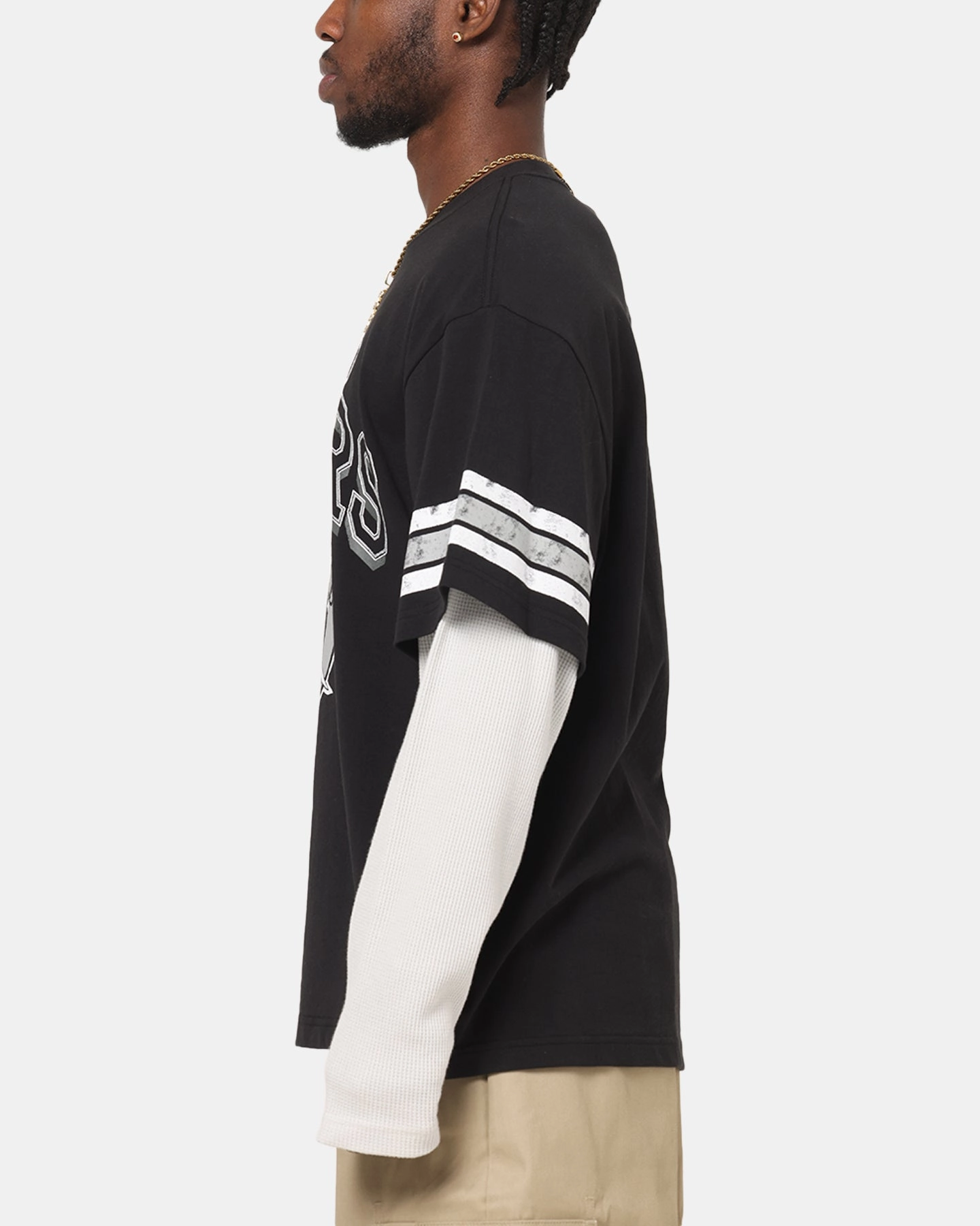 Mitchell & Ness Oakland Raiders Waffle Mock Layer Long Sleeve T-Shirt Black Streetwear Summer Fashion