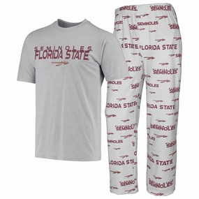 Concepts Sport Men's Florida State Spear Design Short Sleeve T-shirt and Microfleece Pant Set - Grey Unique Design Vintage Wash