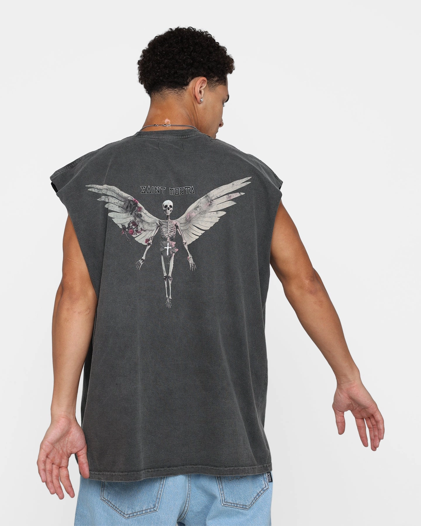 Breathable Cotton Fabric Saint Morta Momento Mori Muscle T-Shirt Black Wash