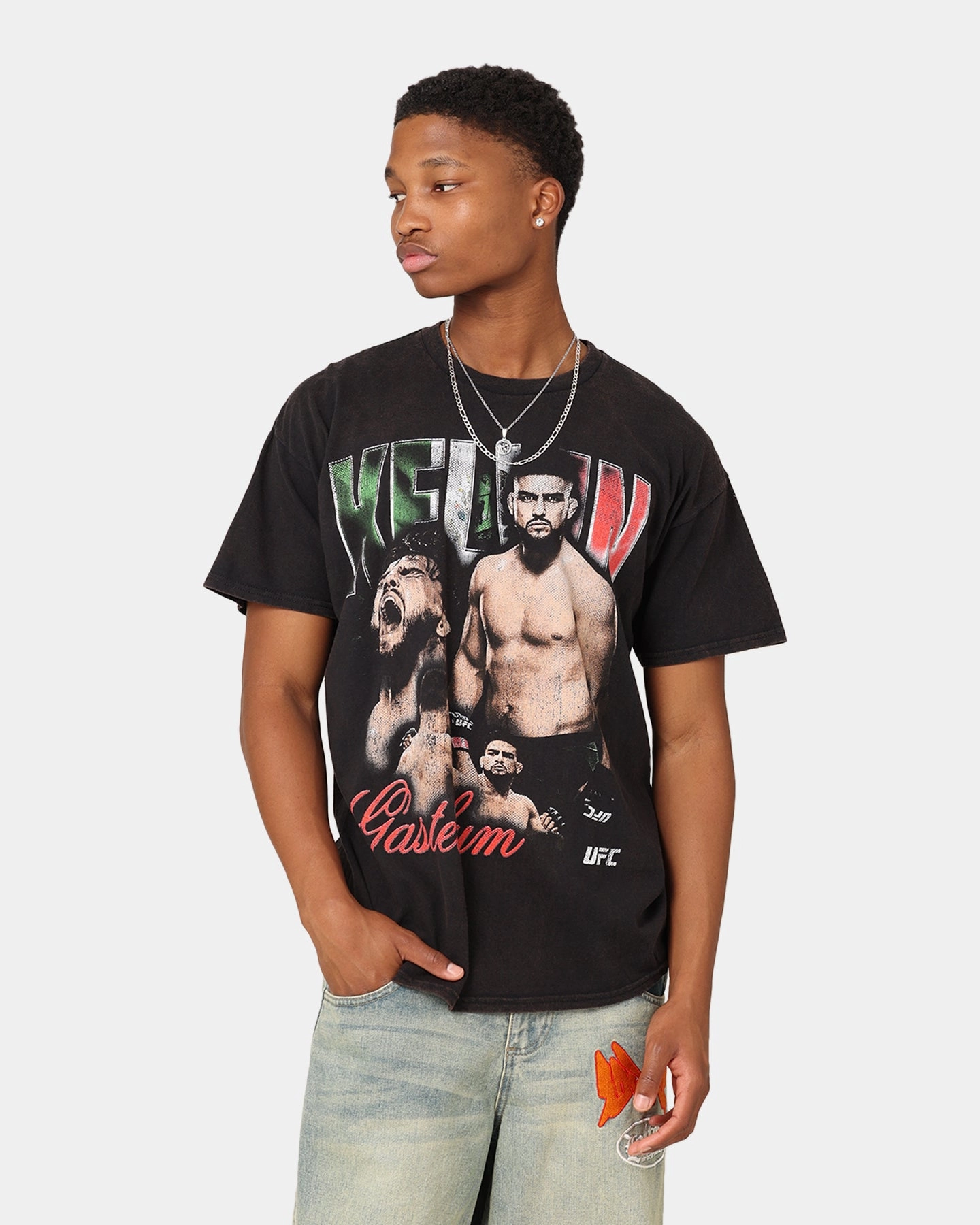 UFC By Goat Crew Kelvin Gastelum Vintage T-Shirt Black Wash Non Shrink Material Chic Wear