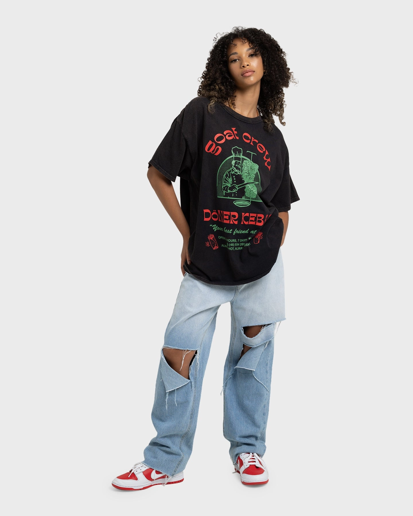 Soft Touch Matte Look Goat Crew Kebab Shop Vintage T-Shirt Black Wash