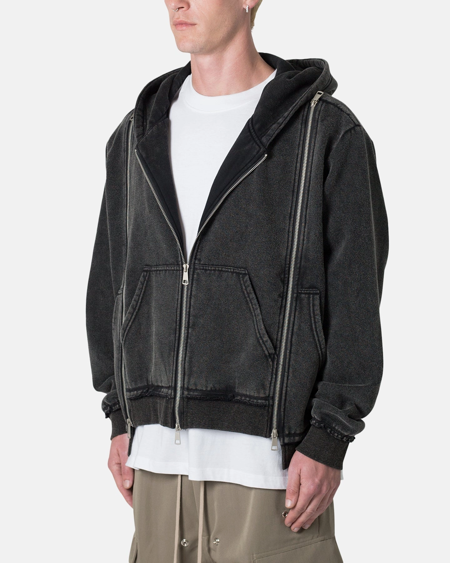 MNML Dual Zipper Hoodie Washed Black Wind Resistant Design Zippered Pockets