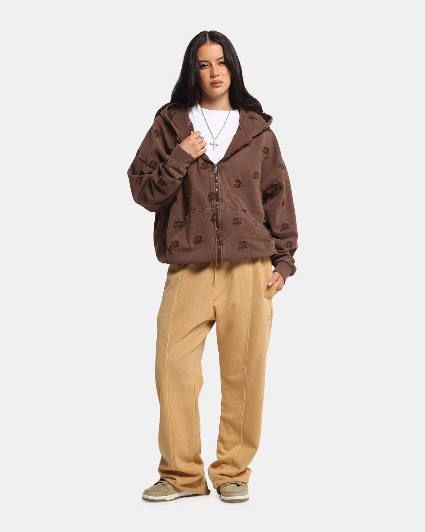 HighDensity Padding Artistic - appealing Dreamville Logo All Over Zip Hoodie Brown