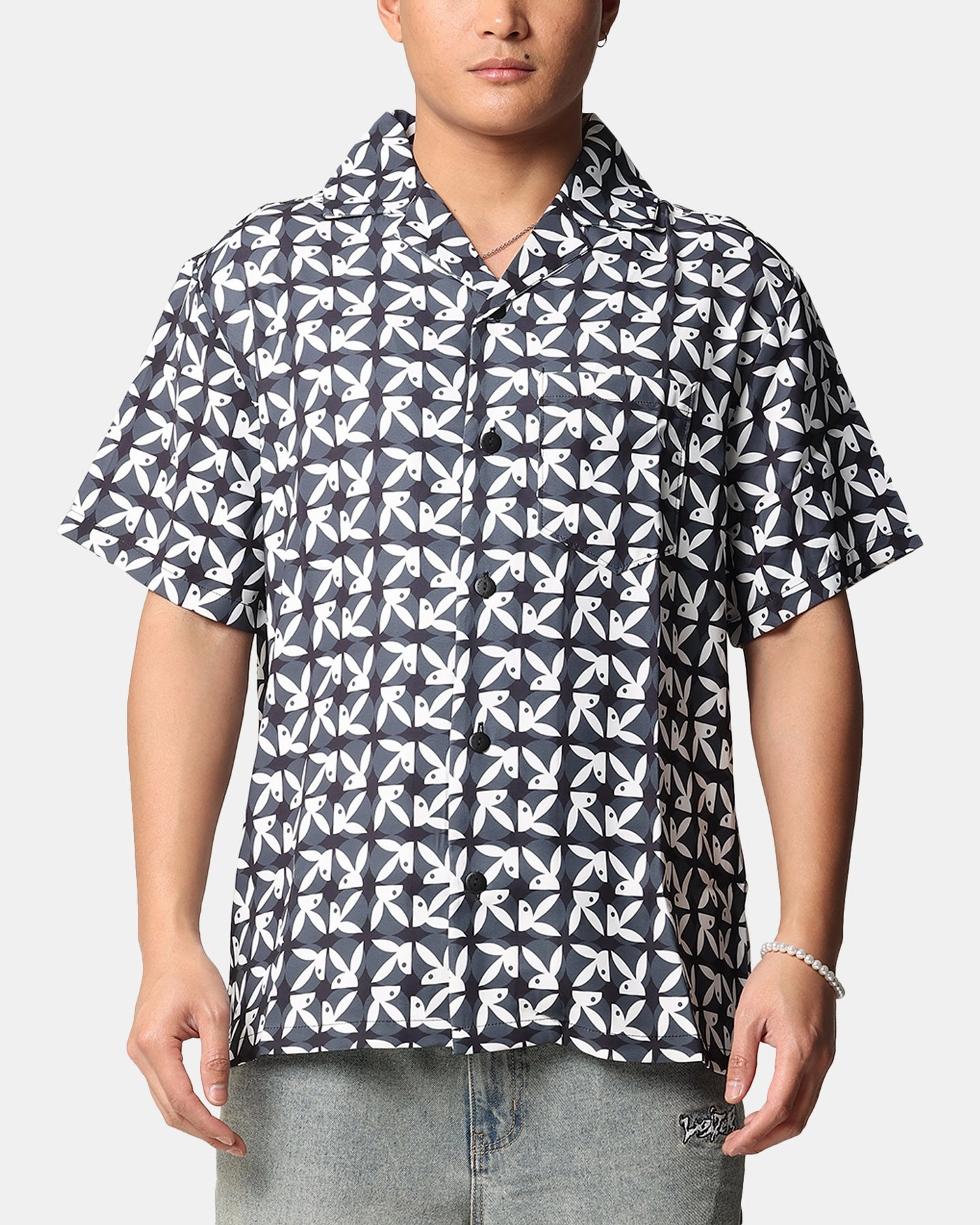 Multipocket Style Playboy Half RHD Repeat Shirt Black