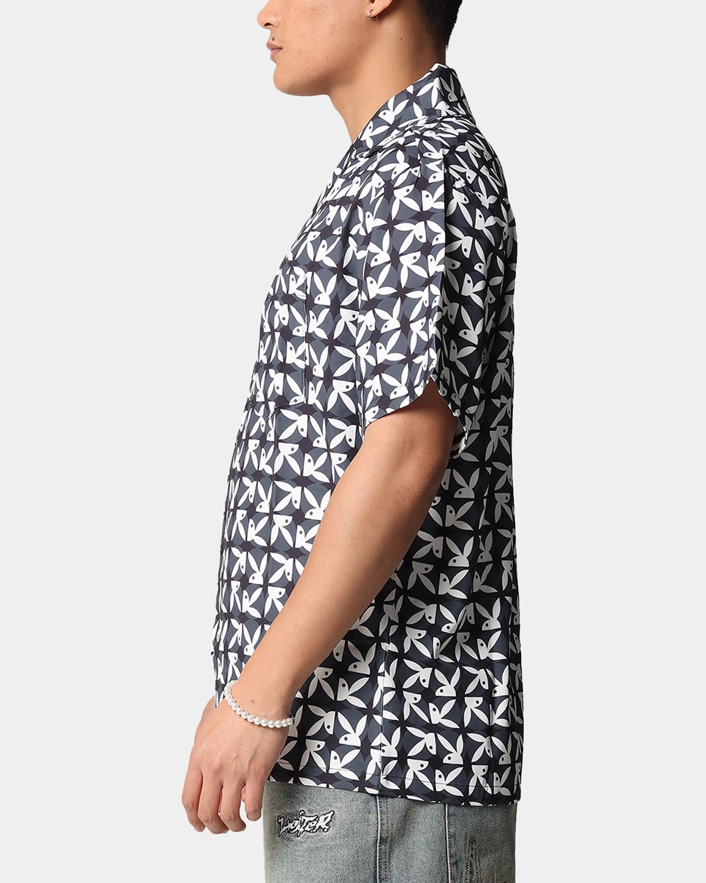 High Density Weave Soft Touch Fabric Playboy Half RHD Repeat Shirt Black