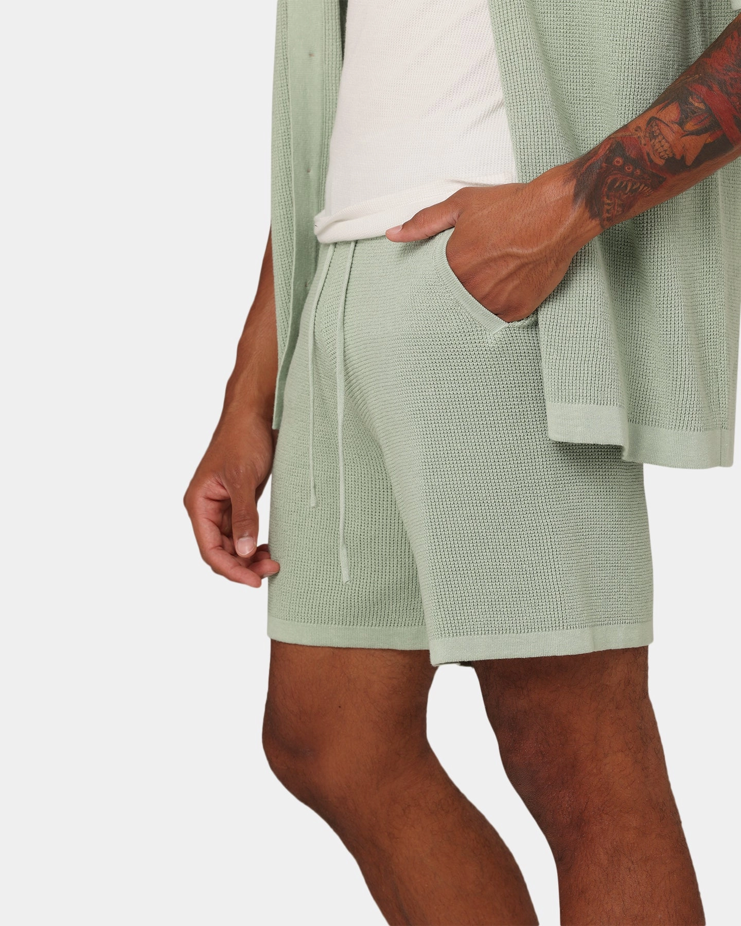XXIII Zyair Knit Rib Shorts Sage Breathable Liner Roll Resistant Waist