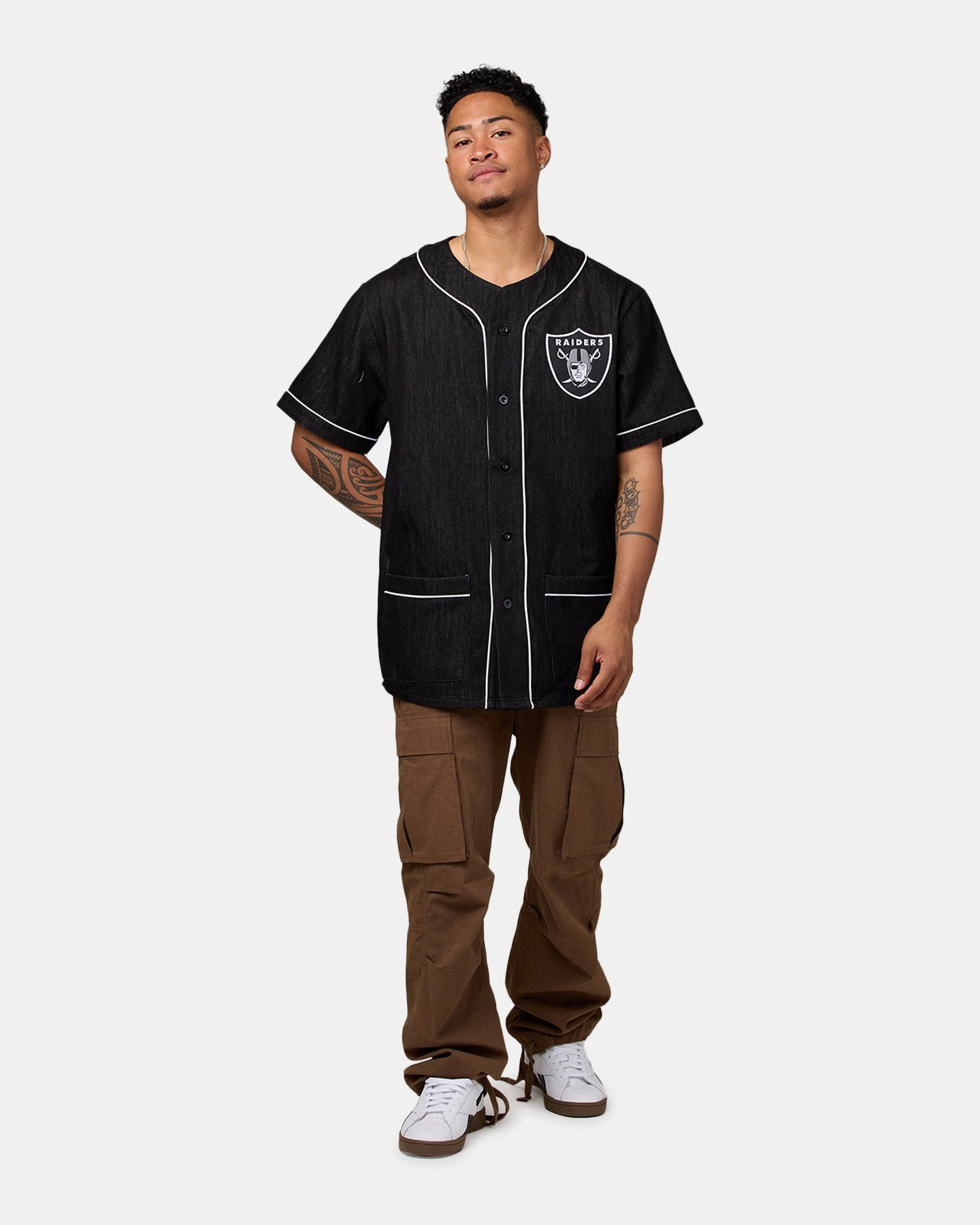 Majestic Athletic Las Vegas Raiders Denim Button Up Shirt Washed Black Denim Ergonomic Articulated Fit Durable Recycled Blend