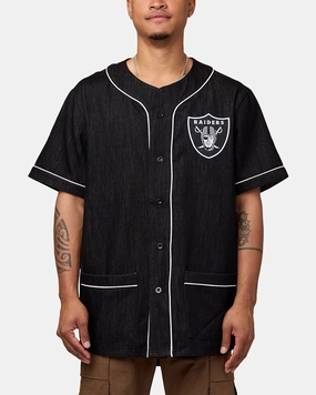 Majestic Athletic Las Vegas Raiders Denim Button Up Shirt Washed Black Denim Thermal Barrier Interlock
