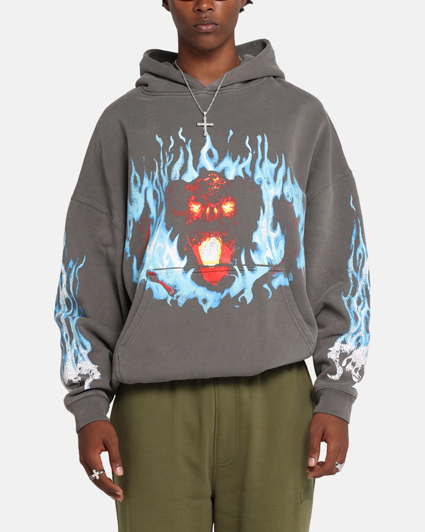 American Thrift X Lord Of The Rings Balrog Premium Hoodie Washed Charcoal Layered Cut Layered Ventilation