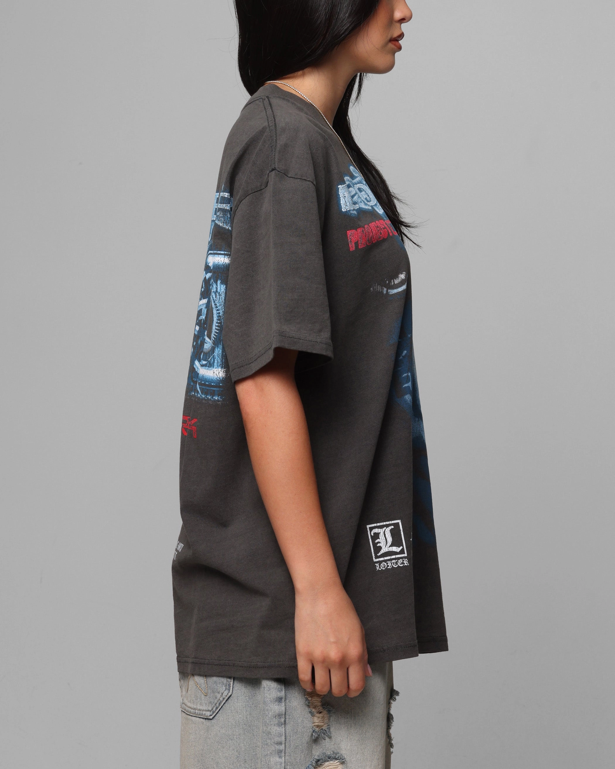 Loiter Project Dark Vintage T-Shirt Black Wash Micro Perforation Trendy popularity