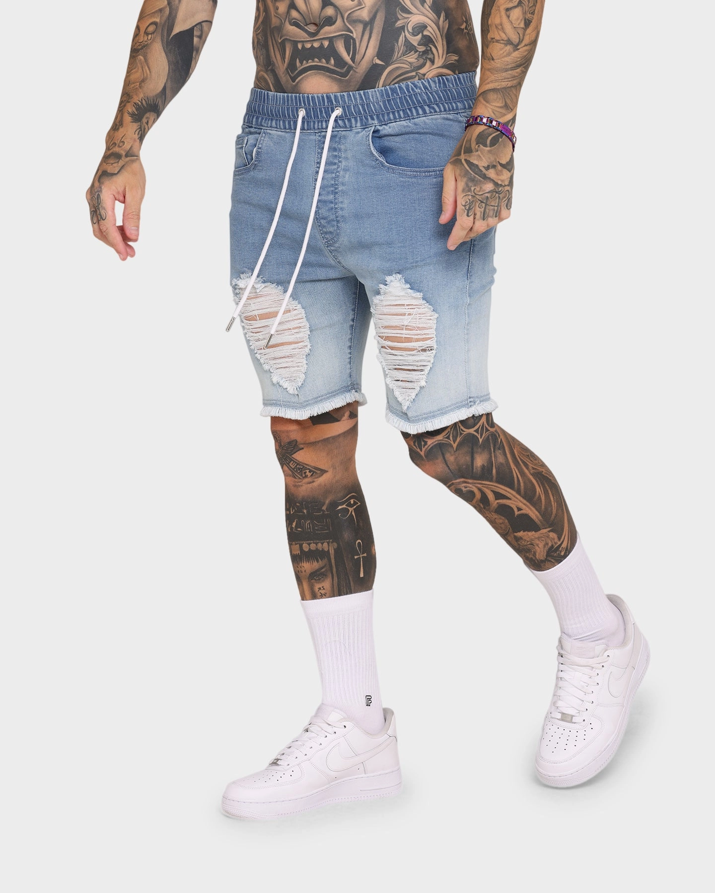 EN ES Gunner Skinny Ripped Shorts Gradient Blue Flex Waist System