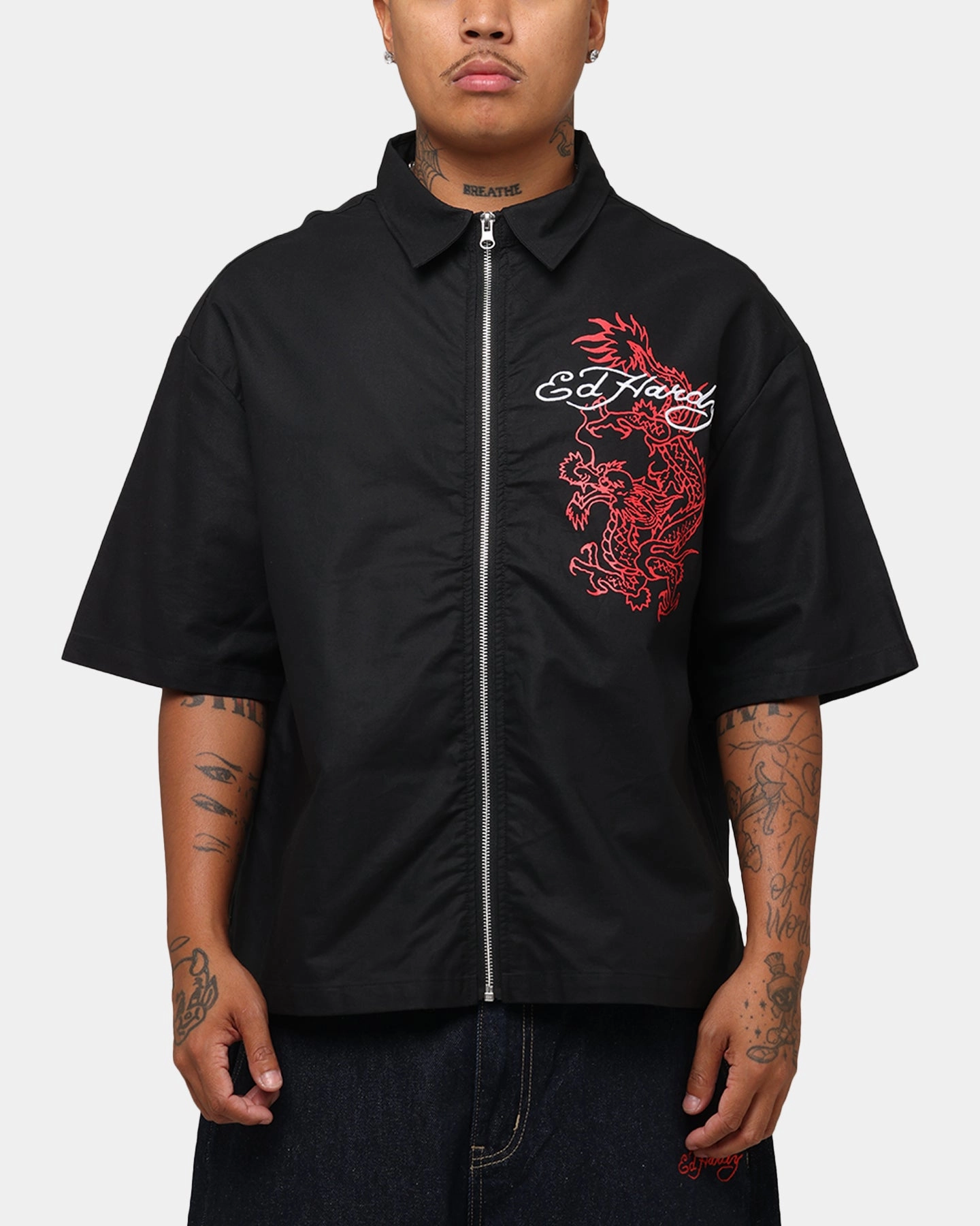 Ed Hardy Dragon Zip Shirt Black Water Repellent Finish