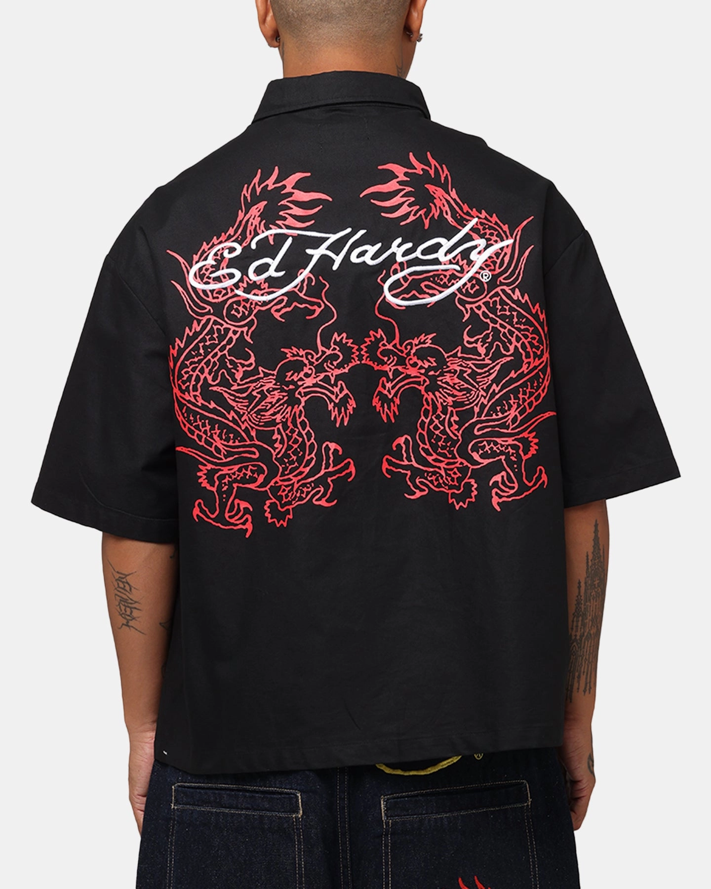 checkered pattern Seasonal Trend Ed Hardy Dragon Zip Shirt Black