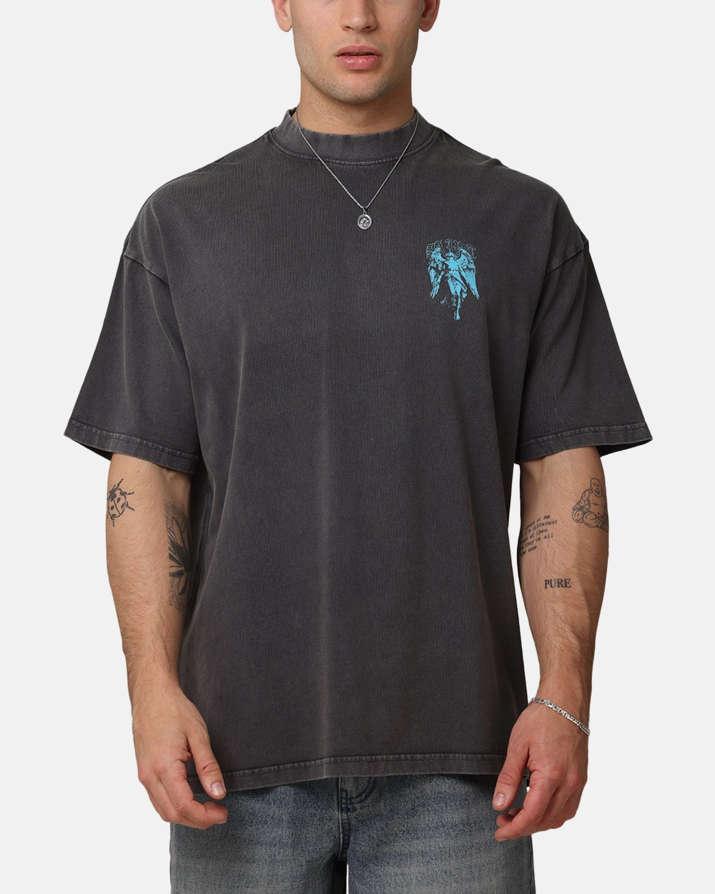 LayeredSleeveConstruction Saint Morta Lucian Mock Neck T-Shirt Washed Charcoal