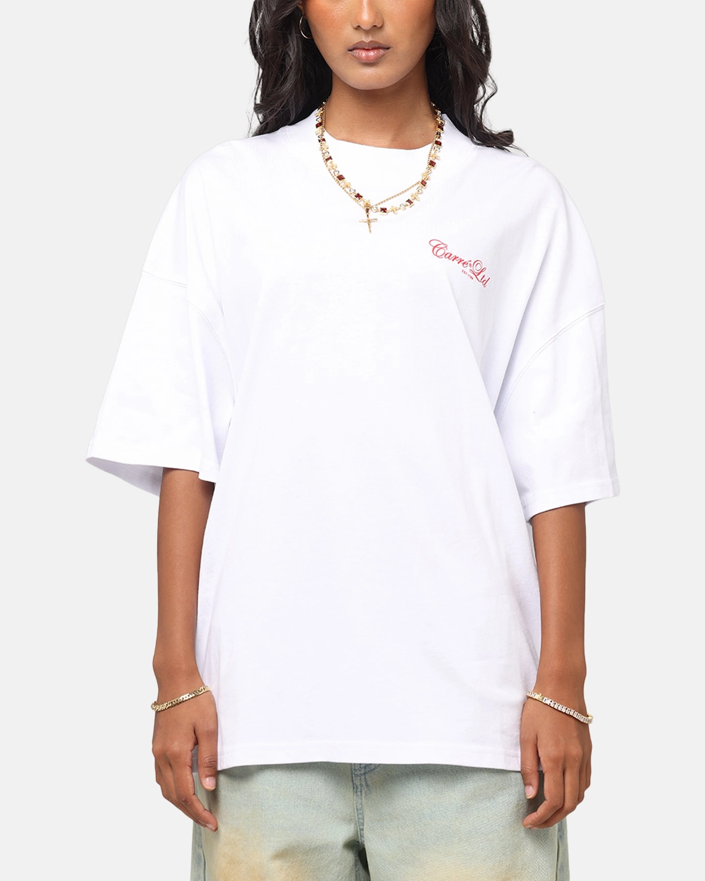 Drop Shoulder Design Carre Side Script Oversized T-Shirt White/Red