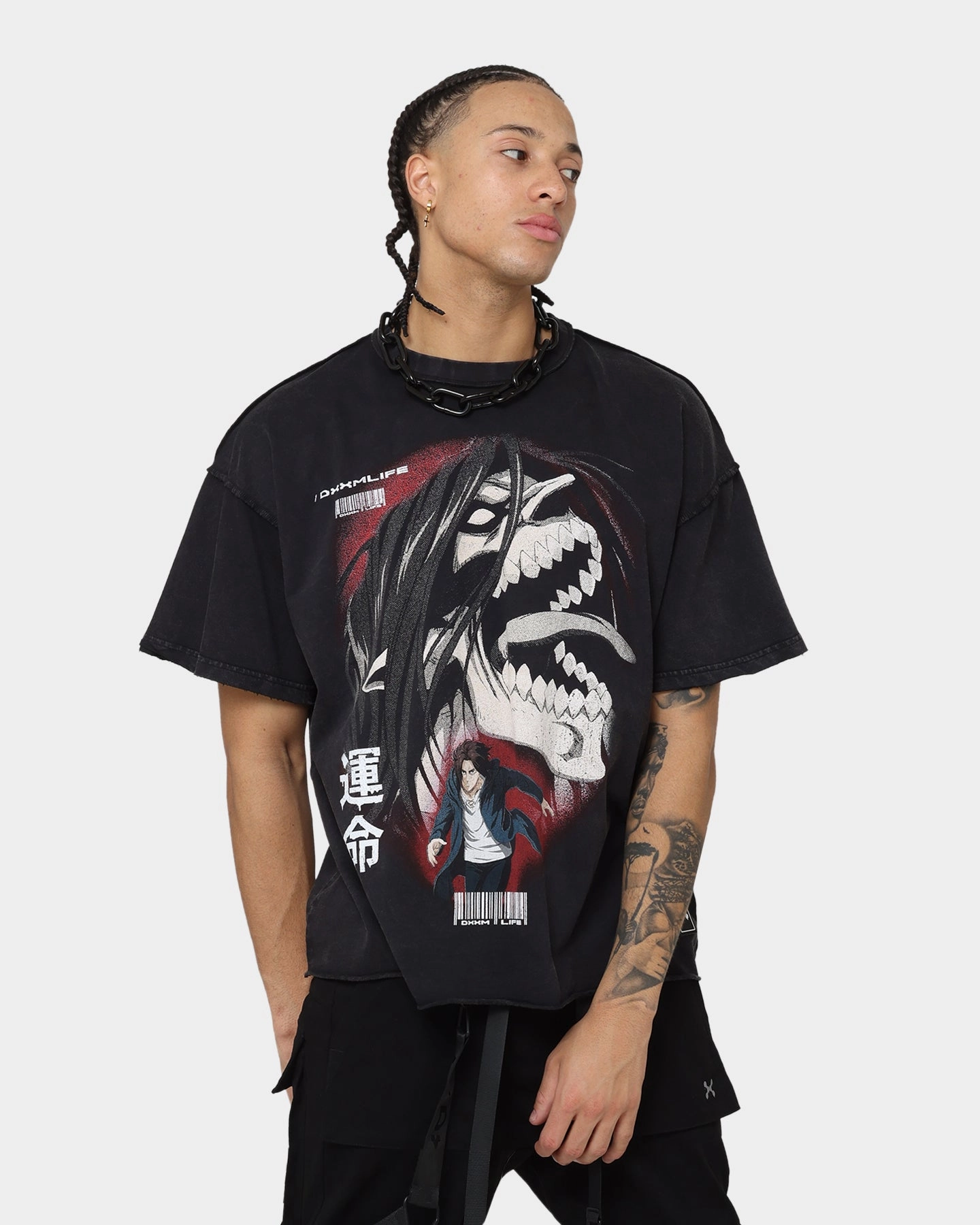 V neck Modern Twist DXXMLIFE X Attack On Titan Eren DXXM Vintage T-Shirt Aged Black