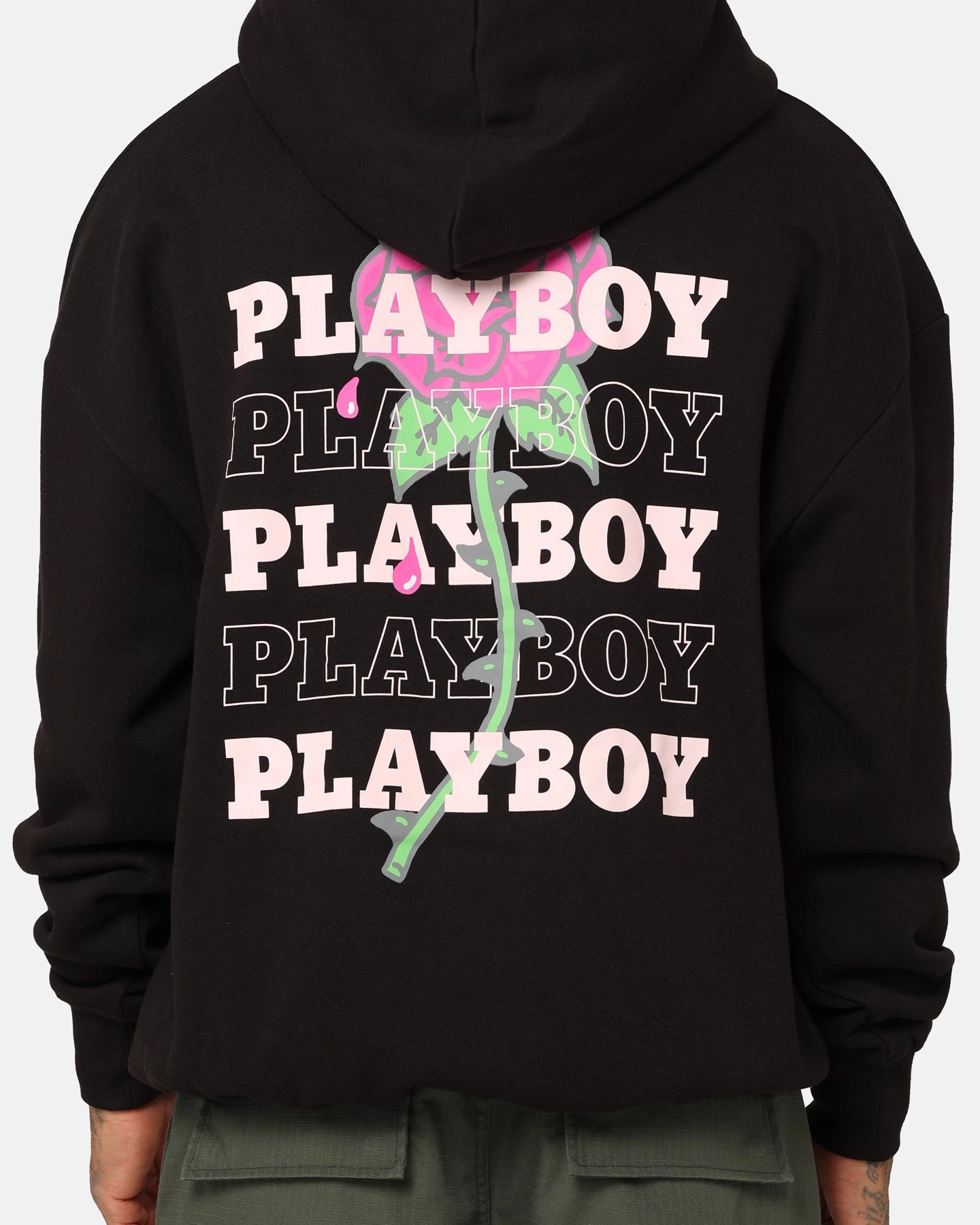 petite size Hidden Compartments Playboy Rose Stack Hoodie Black