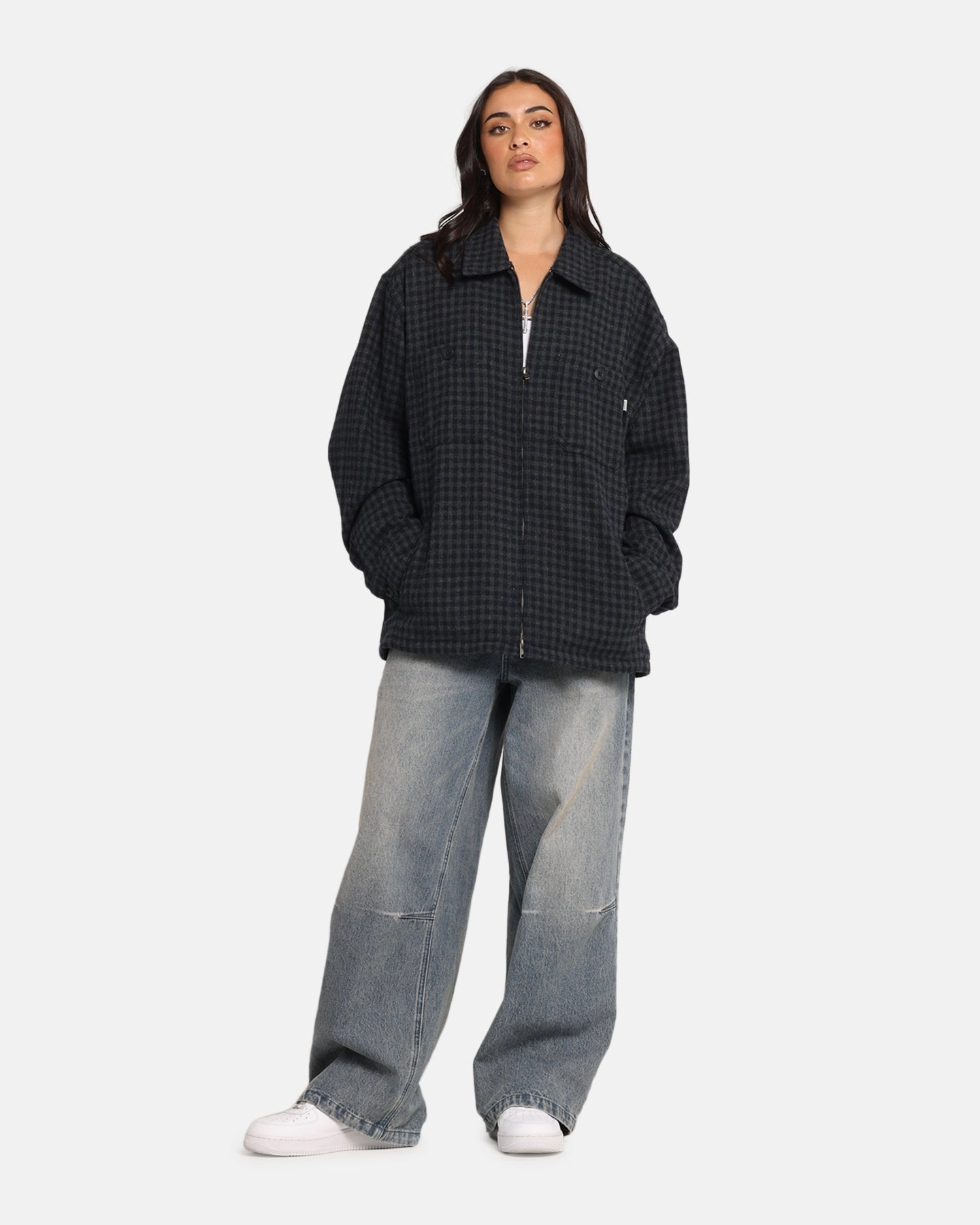S Double Plaid Zip Through Long Sleeve Shirt Brown Fresh Look Reinforced Elbows