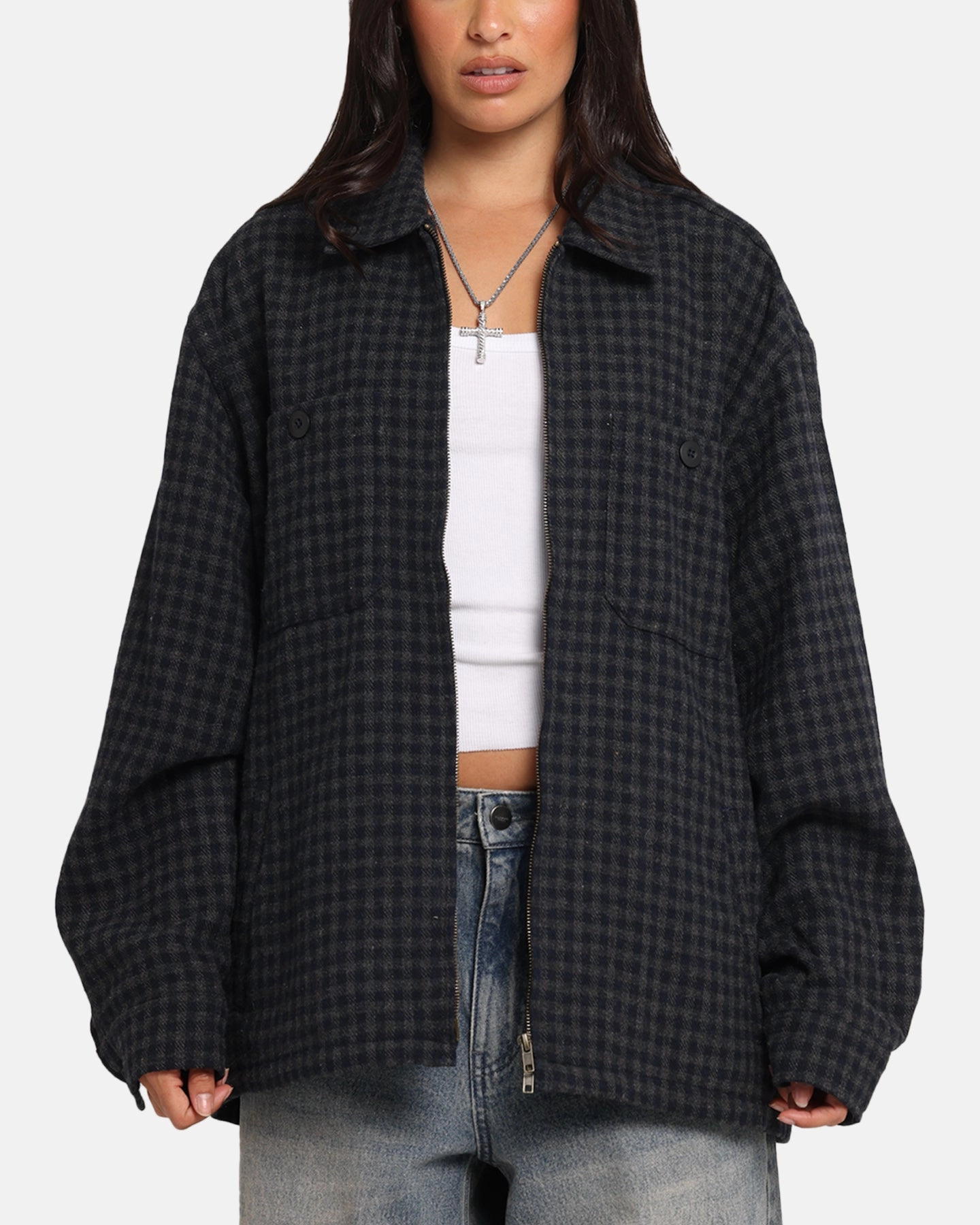 S Double Plaid Zip Through Long Sleeve Shirt Brown Cold Weather