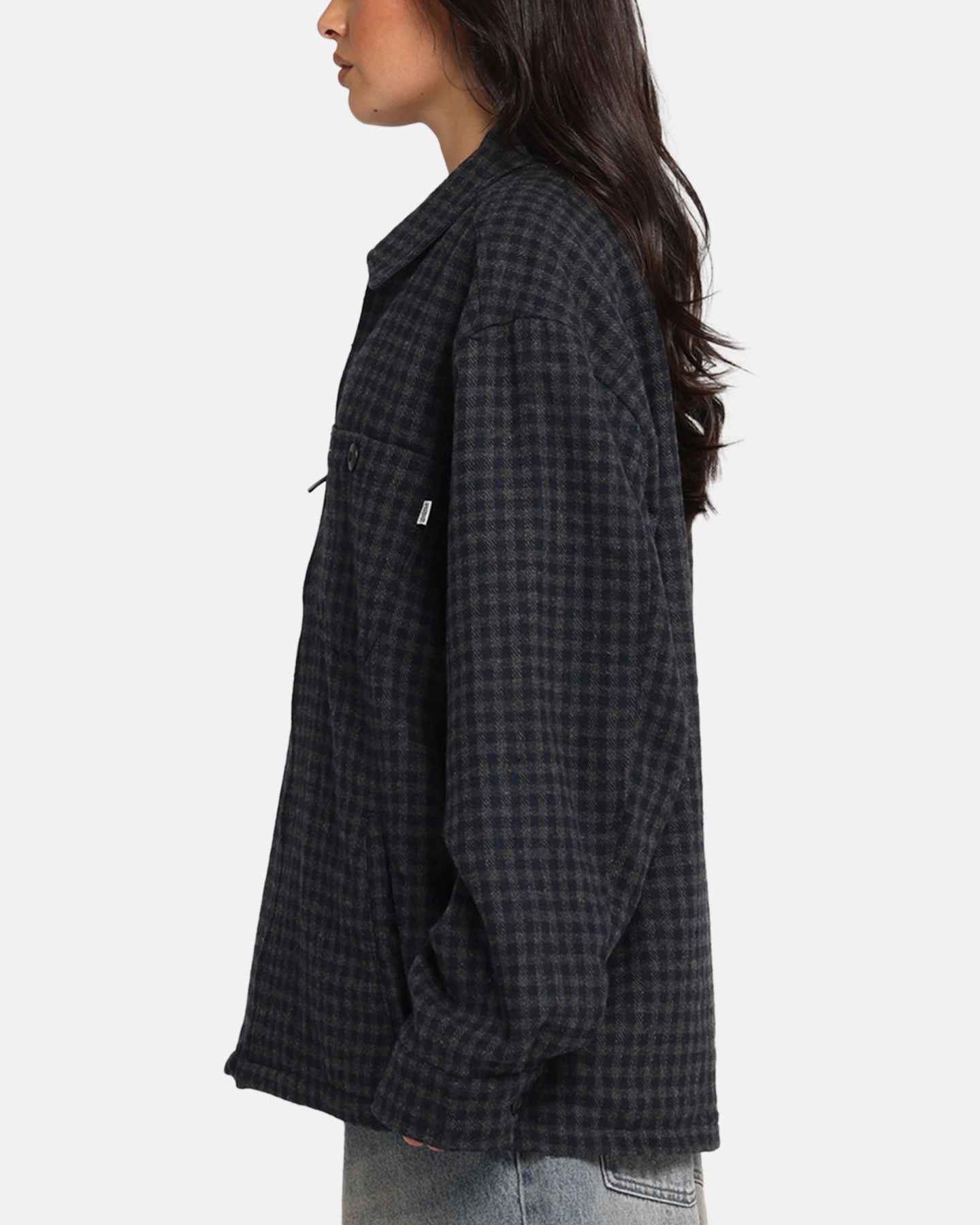 S Double Plaid Zip Through Long Sleeve Shirt Brown Premium Rollaway Collar Feature