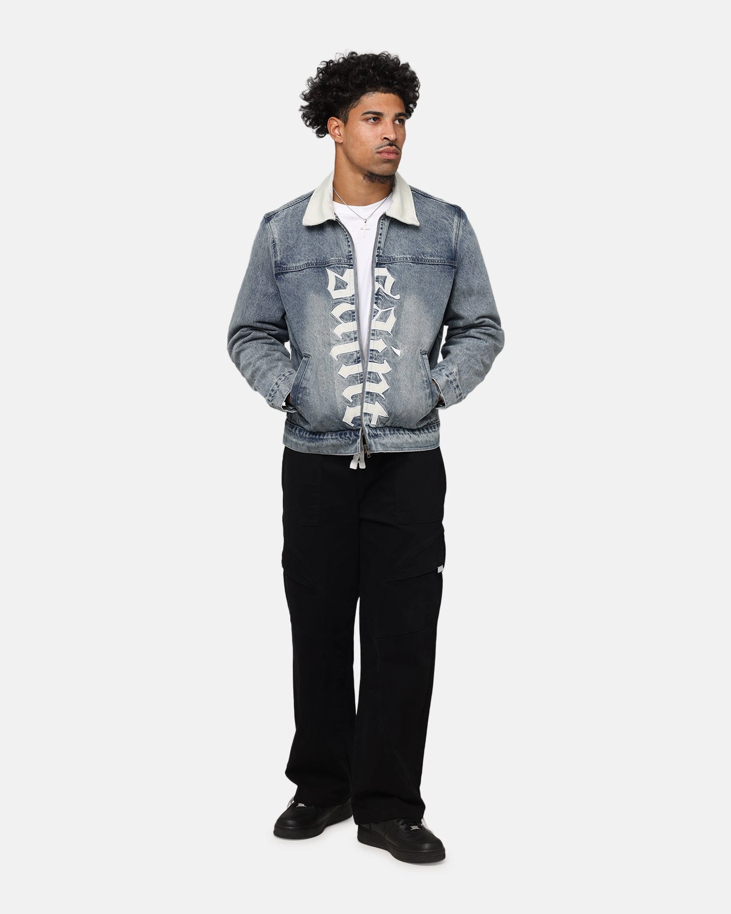 Expose Convertible Collar Style Saint Morta Gothic Distressed Denim Jacket Dirty Denim