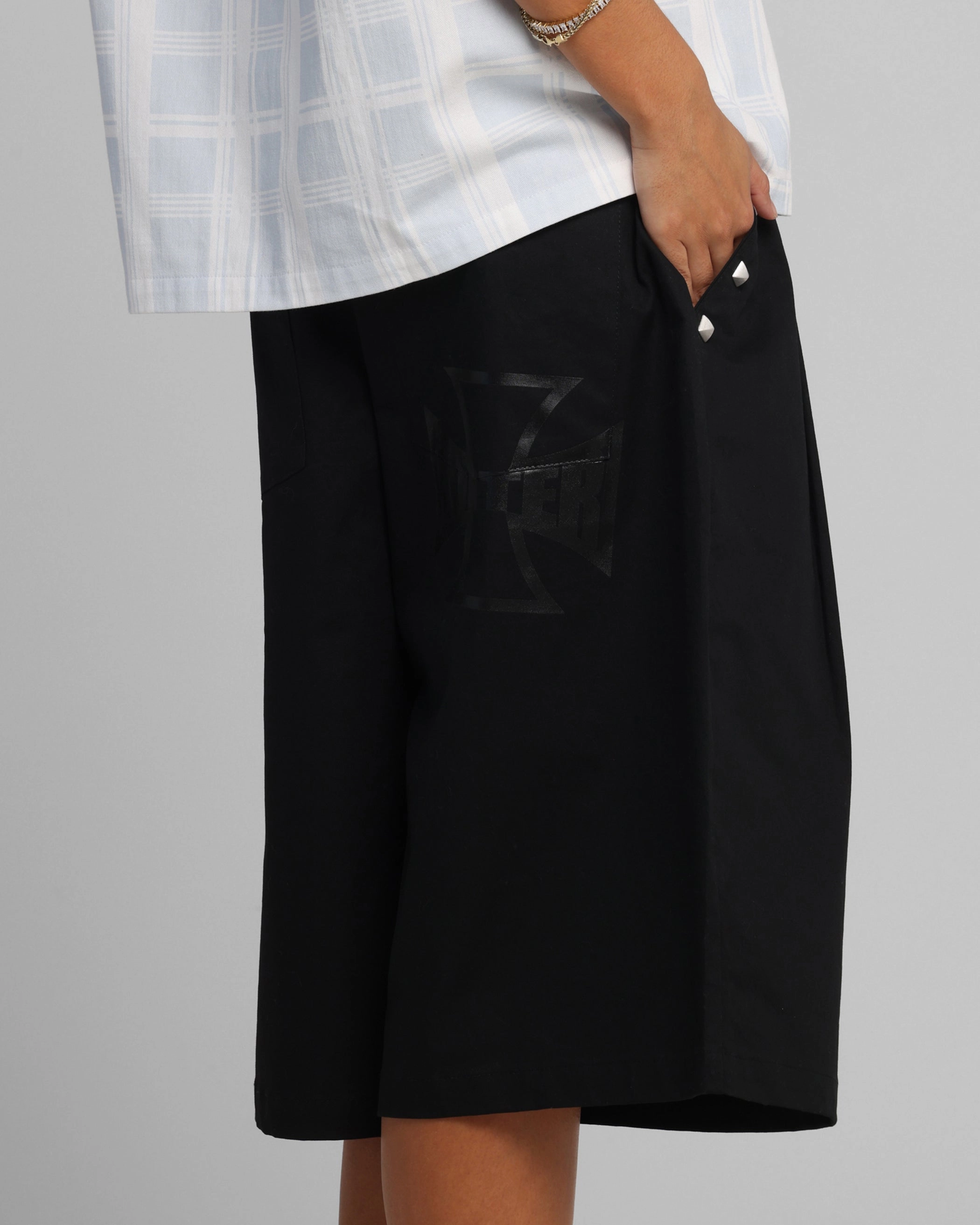 Double Needle Stitching Denim shorts Loiter Chopper Baggy Shorts Black