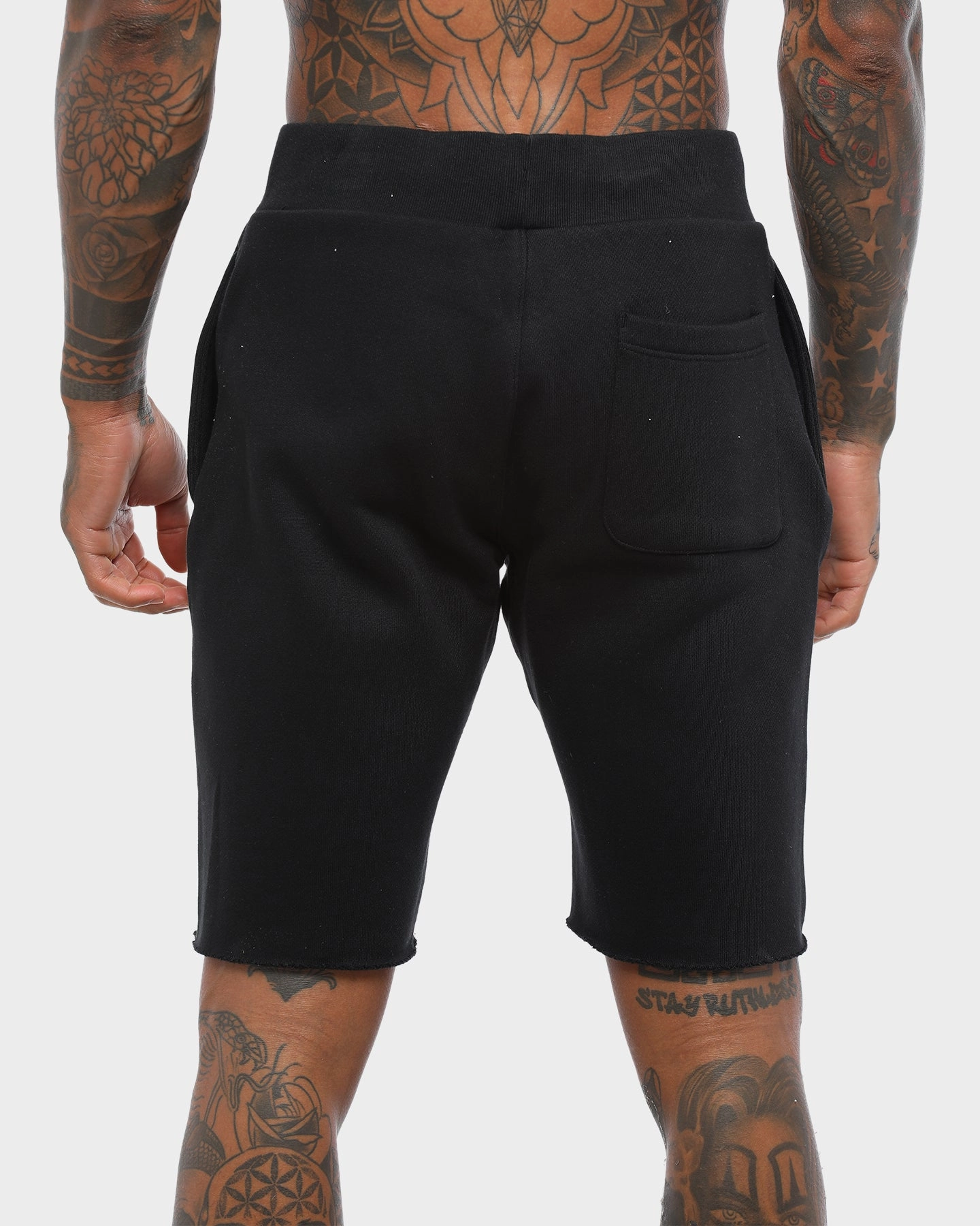 CHAMPION REV WEAVE CUT OFF SCRIPT SHORT BLACK/GOLD Travel Comfort Rubberized Waist Grip