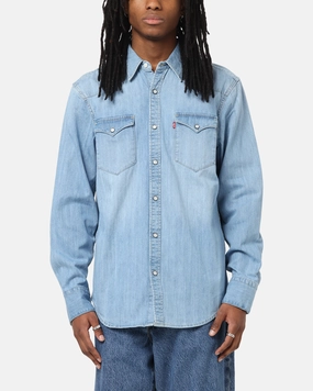 Seamless Shoulder Reinforced Collar Levi Strauss And Co Barstow Western Standard Denim Button Up Shirt Blue
