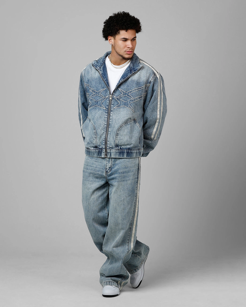 design Improve Loiter Track Star Denim Jacket Blue Wash