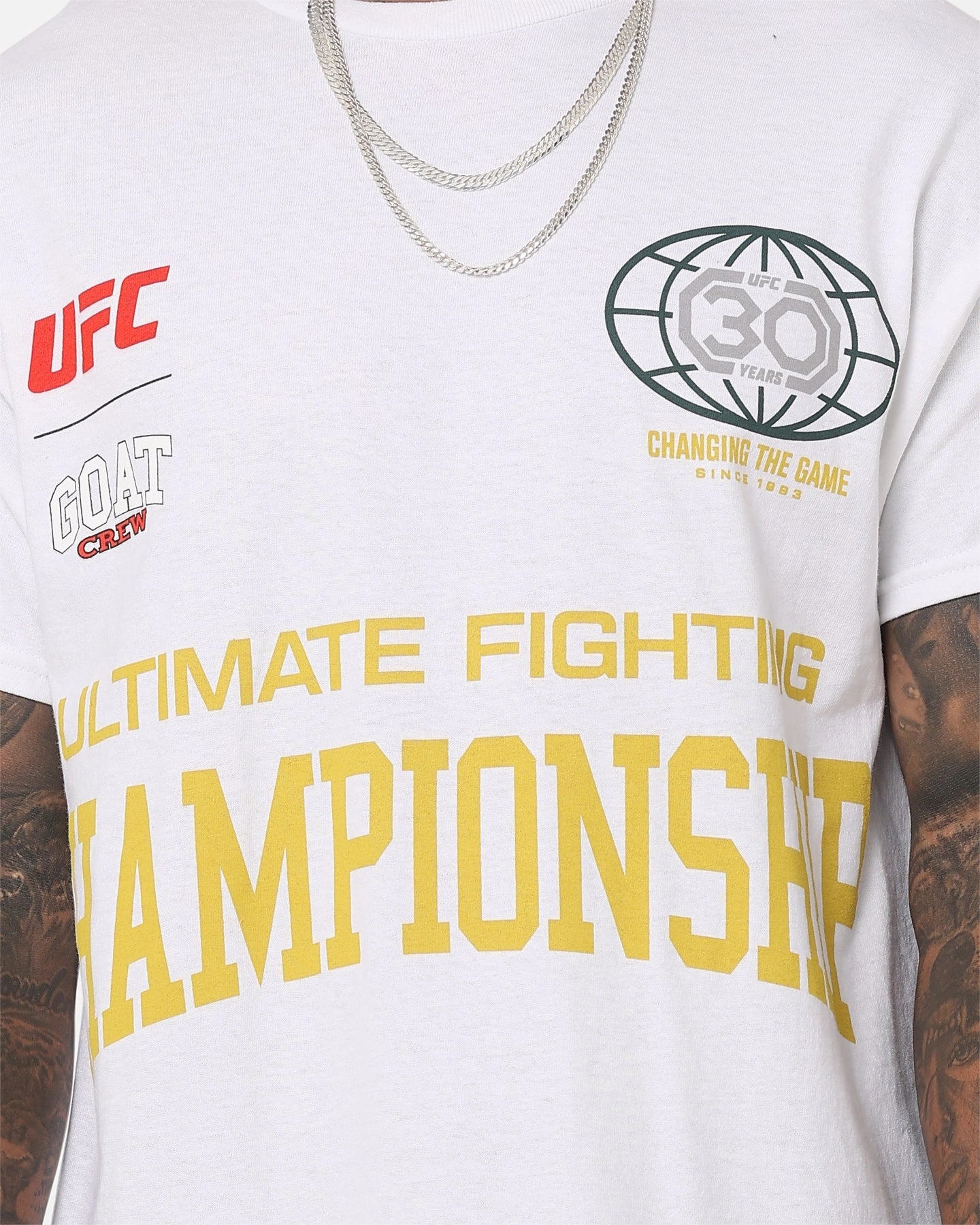 Smooth Seam Technology Moisture Management Fabric UFC By Goat Crew 30th Anniversary Vintage T-Shirt White