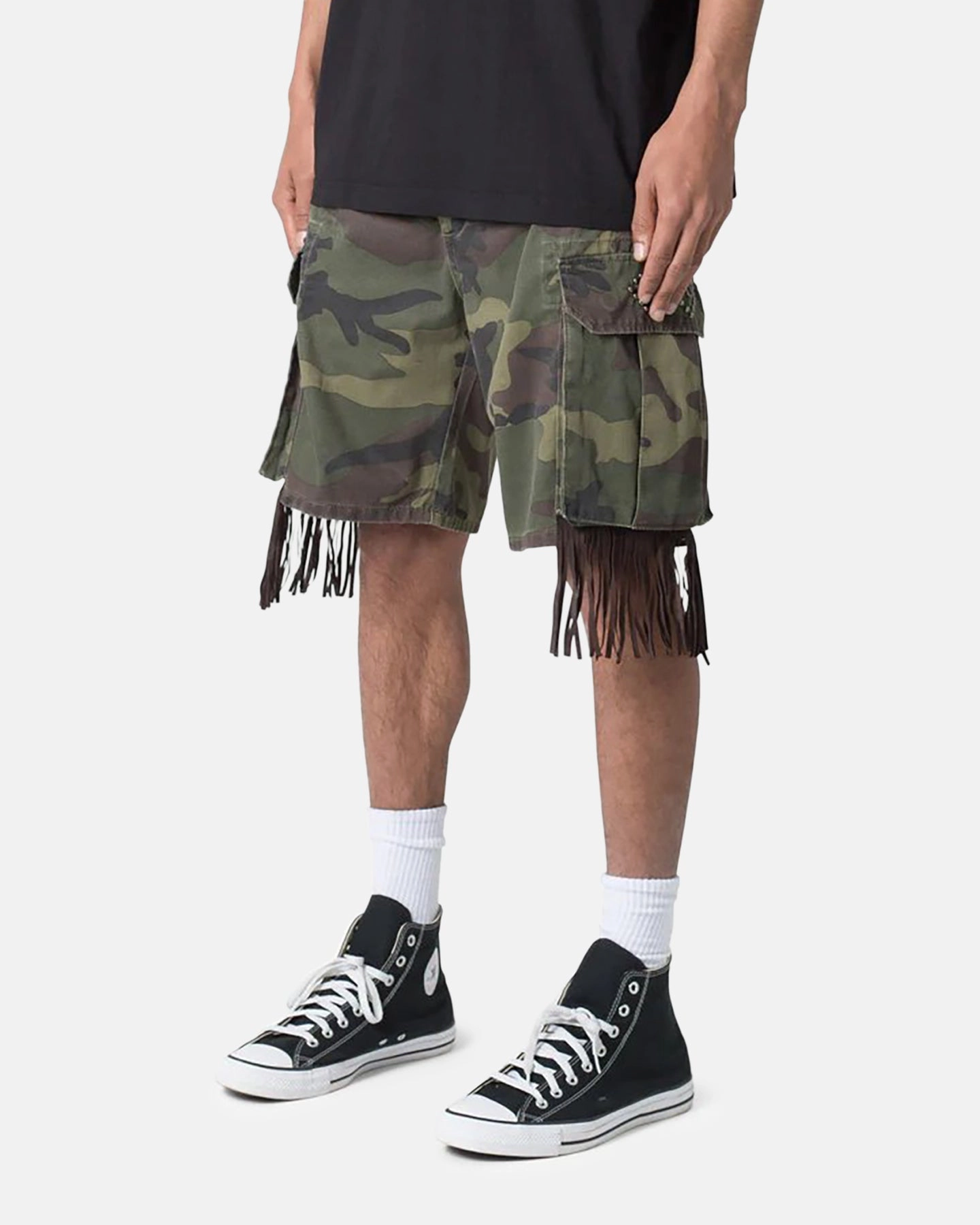 Sporty Chic Nylon Material MNML Tassle Cargos Denim Shorts Camo