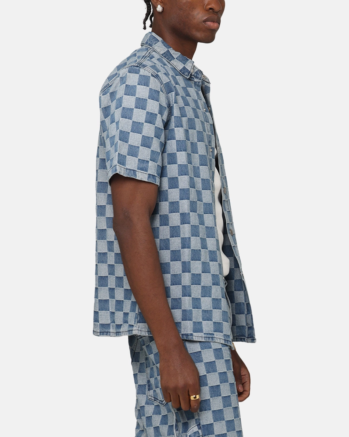 XXIII Checker Board Button Up Shirt Blue Plus size option Recycled Polyester Blend